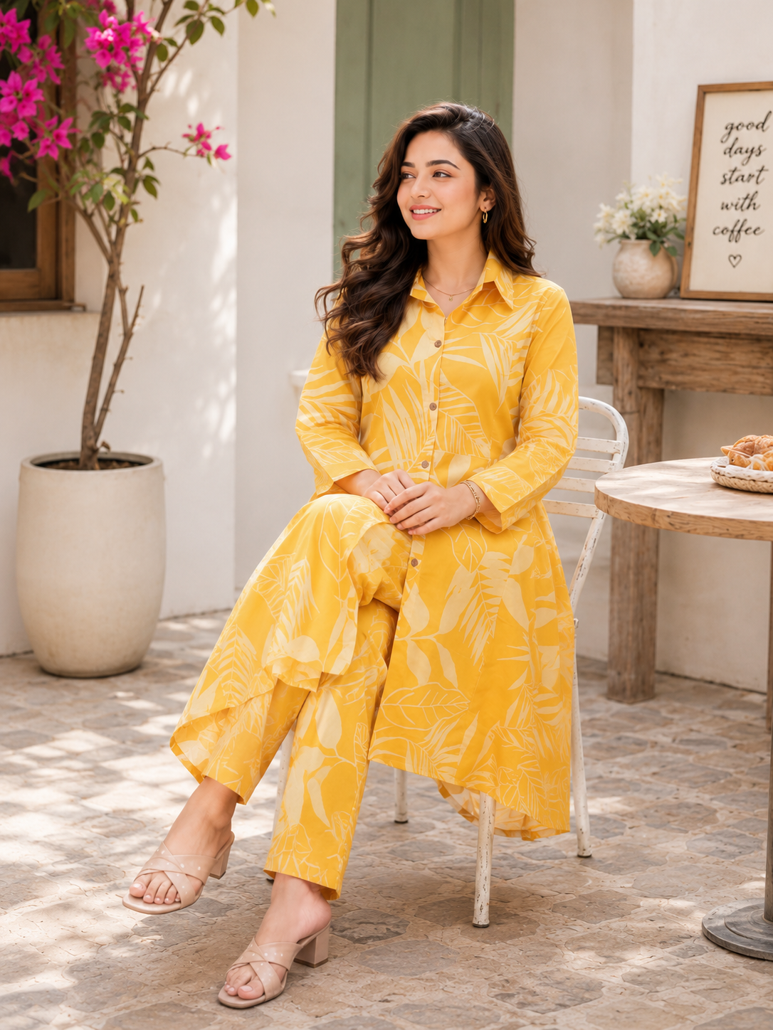 Cotton A-Line Kurta with Ankle Length Pant Co-ord Set-Yellow