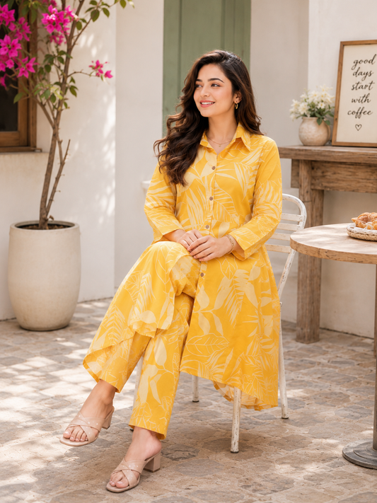 Cotton A-Line Kurta with Ankle Length Pant Co-ord Set-Yellow