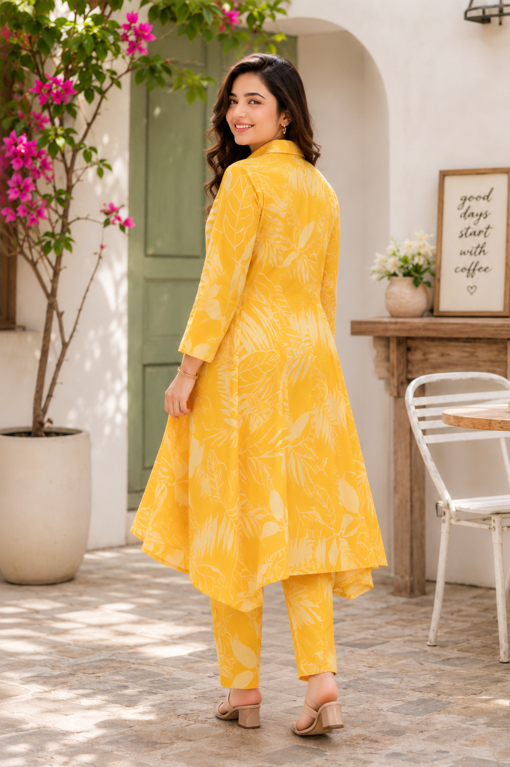 Cotton A-Line Kurta with Ankle Length Pant Co-ord Set-Yellow