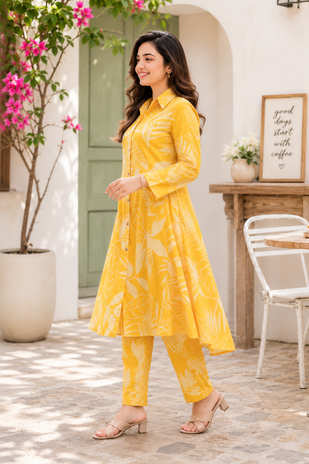 Cotton A-Line Kurta with Ankle Length Pant Co-ord Set-Yellow