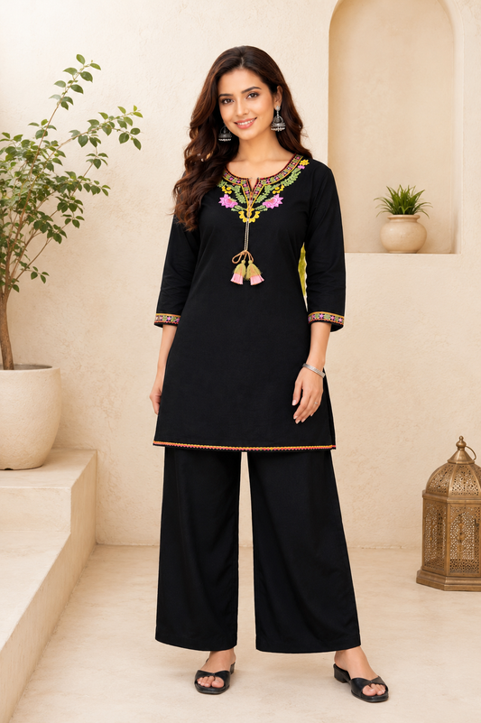 Cotton Embroidered Co-ord Set-Black