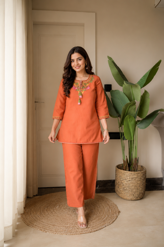Cotton Embroidered Co-ord Set-Orange