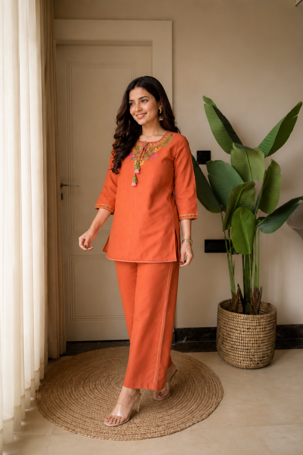 Cotton Embroidered Co-ord Set-Orange