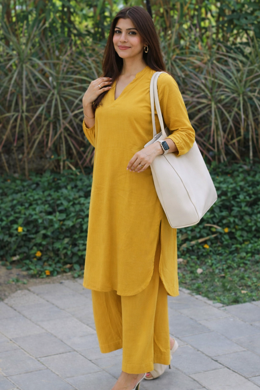 Cotton Slub Plain Dye Kurti Palazzo Set-Yellow
