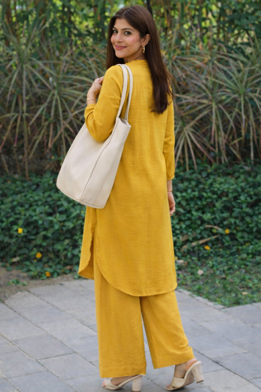Cotton Slub Plain Dye Kurti Palazzo Set-Yellow