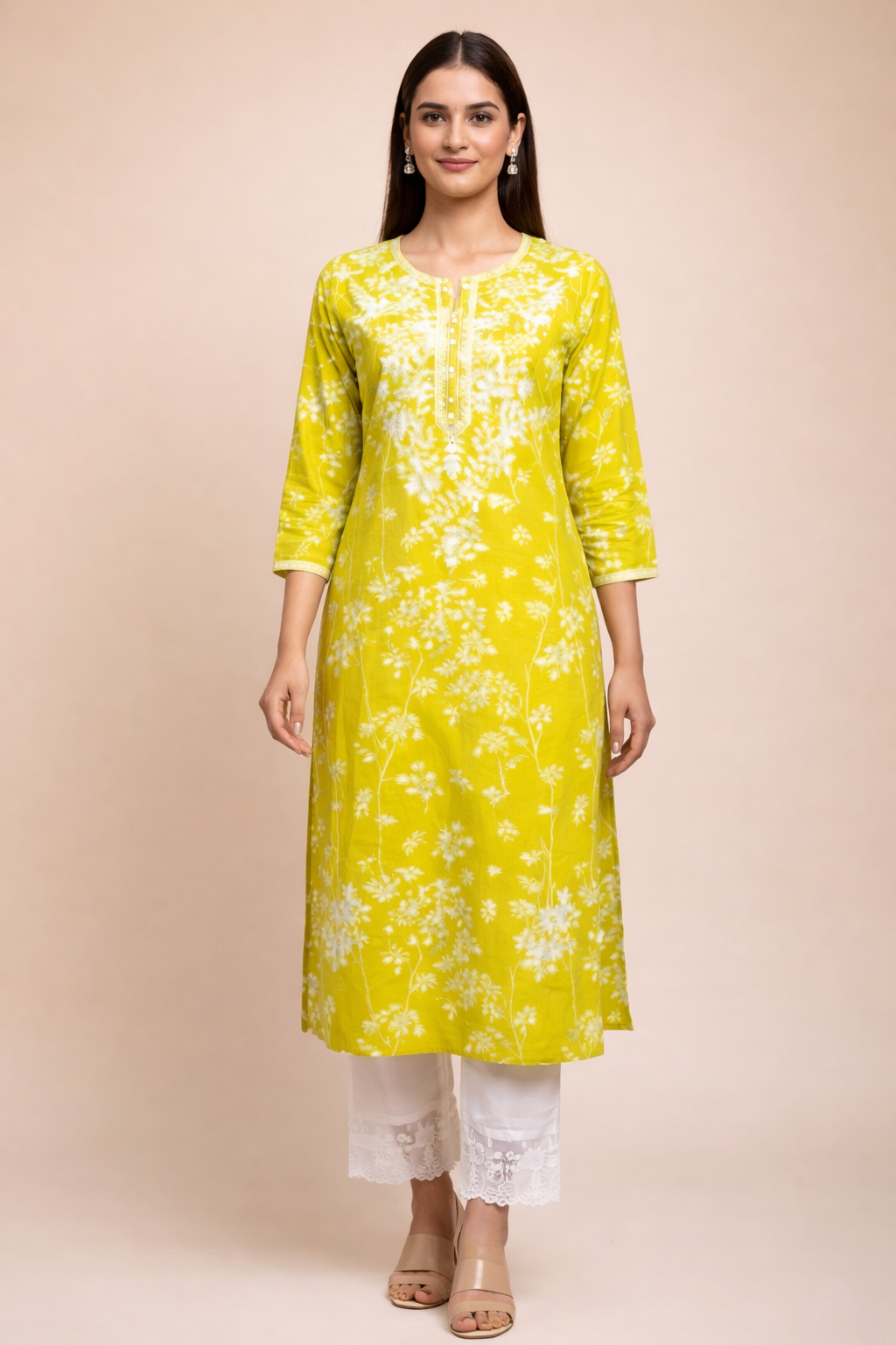 Cotton Chikankari Embroidered Kurta Pant Set - LIme Yellow