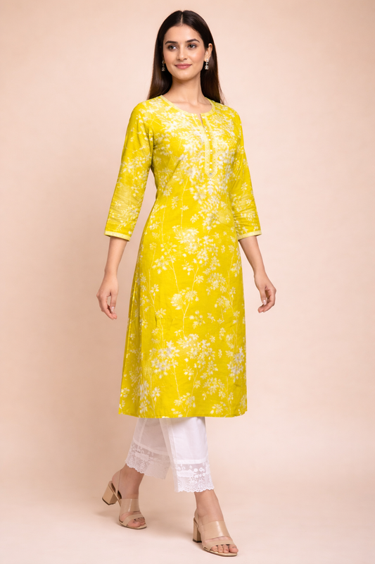 Cotton Chikankari Embroidered Kurta Pant Set - LIme Yellow