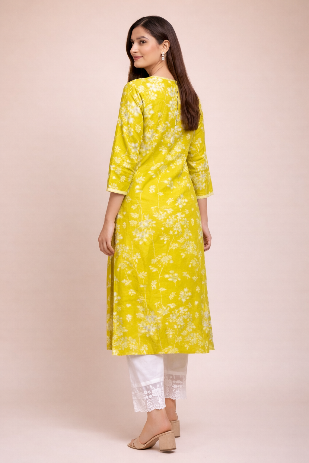 Cotton Chikankari Embroidered Kurta Pant Set - LIme Yellow