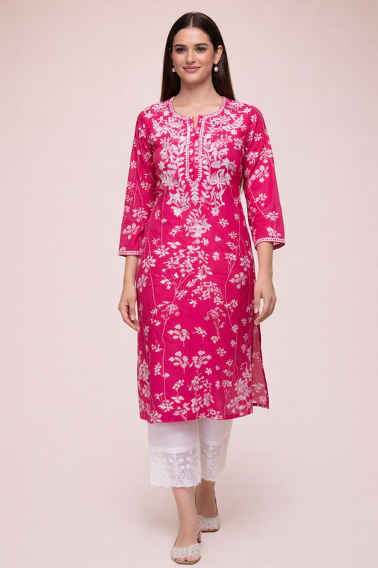 Cotton Chikankari Embroidered Kurta Pant Set - Pink