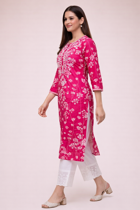 Cotton Chikankari Embroidered Kurta Pant Set - Pink