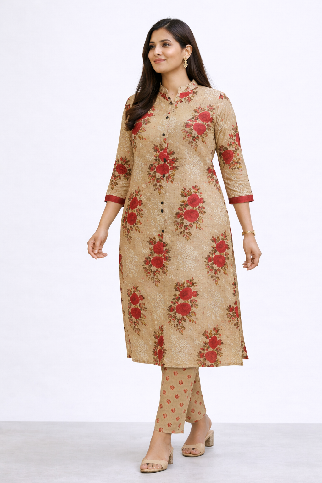 Cotton Printed Kurta with Pant Set-Light Brown