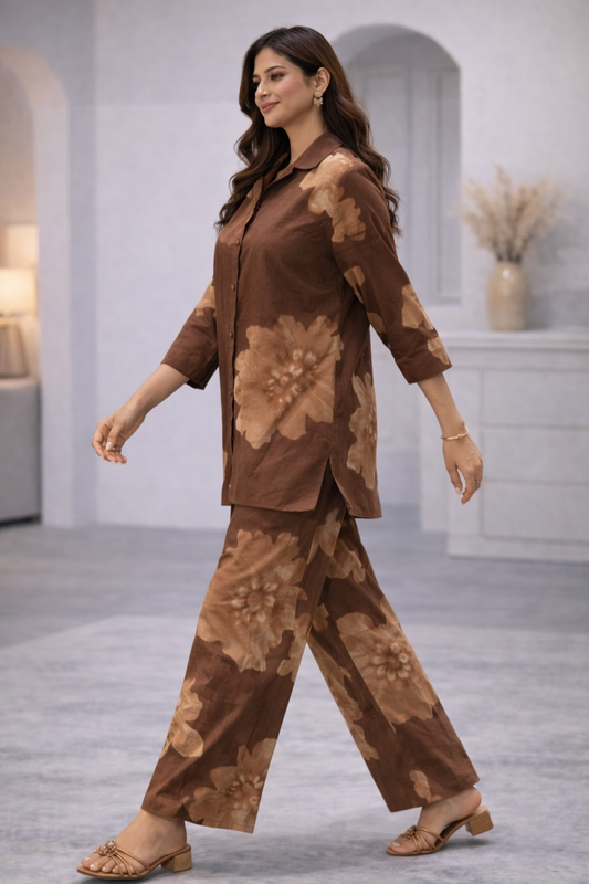 Cotton Printed Kurta with Pant Co-Ord Sets-Brown