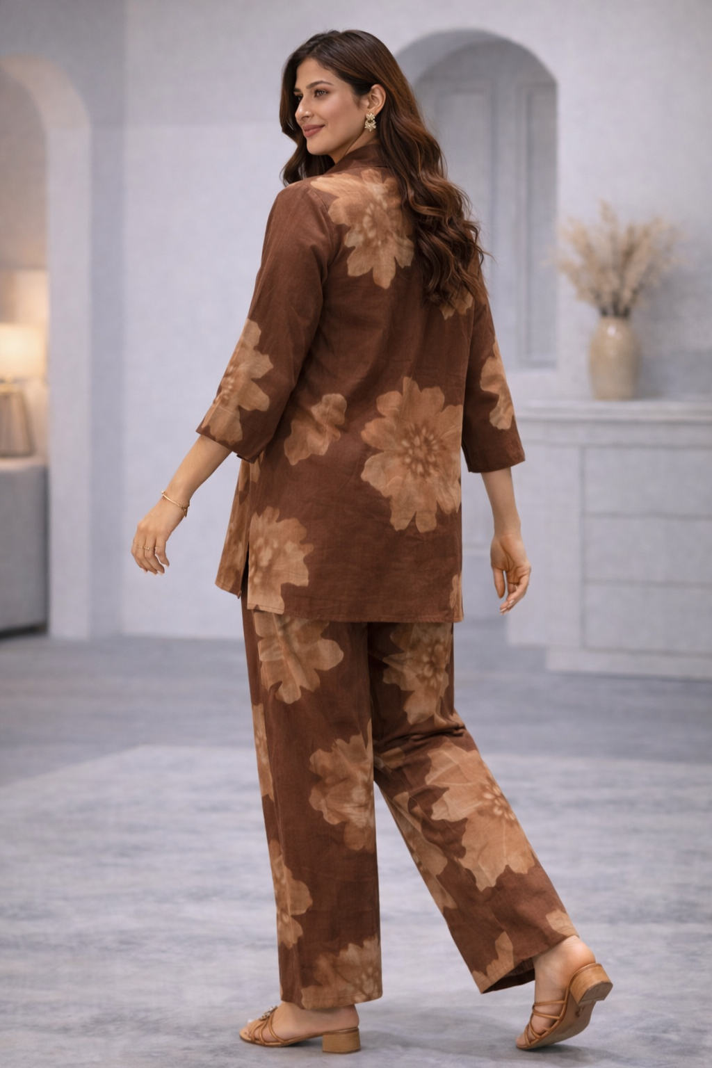 Cotton Printed Kurta with Pant Co-Ord Sets-Brown