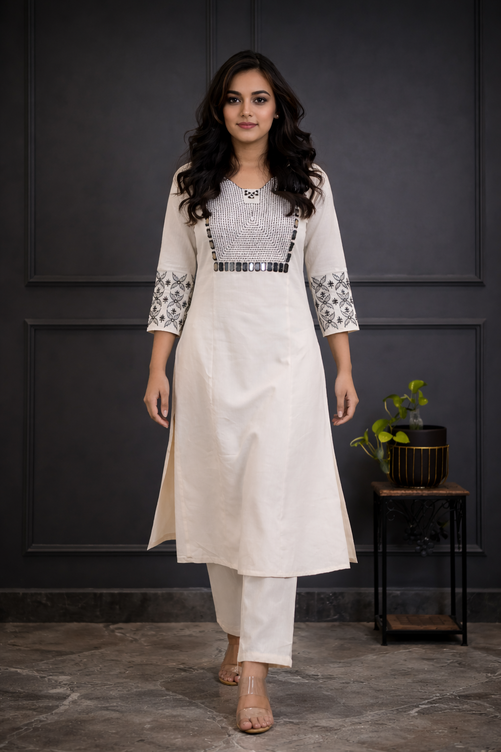 Cotton Embroidery Kurta Pant set-White