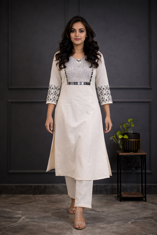 Cotton Embroidery Kurta Pant set-White