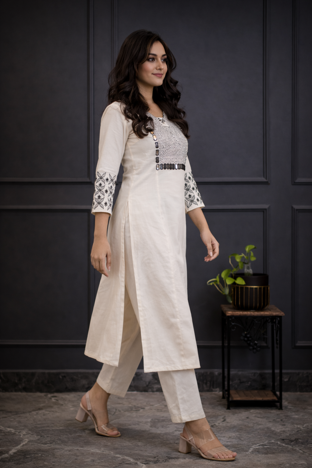 Cotton Embroidery Kurta Pant set-White