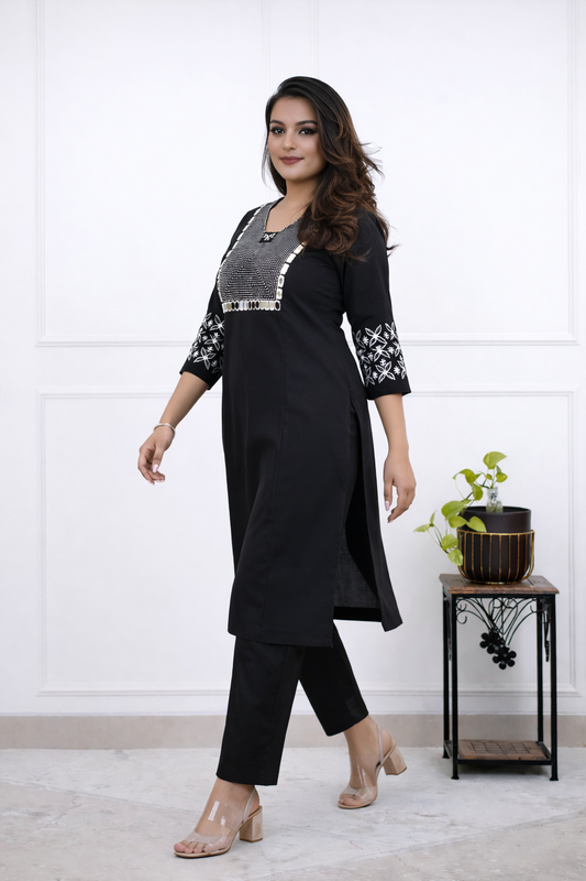 Cotton Embroidery Kurta Pant sets-Black