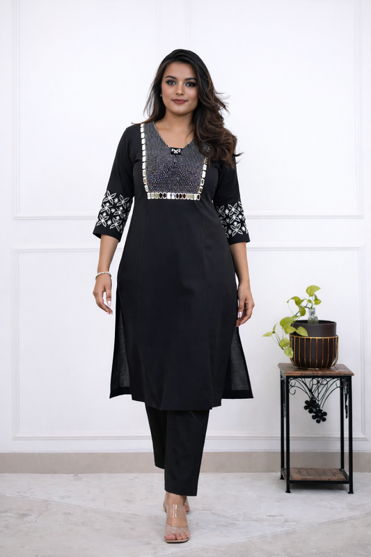 Cotton Embroidery Kurta Pant sets-Black