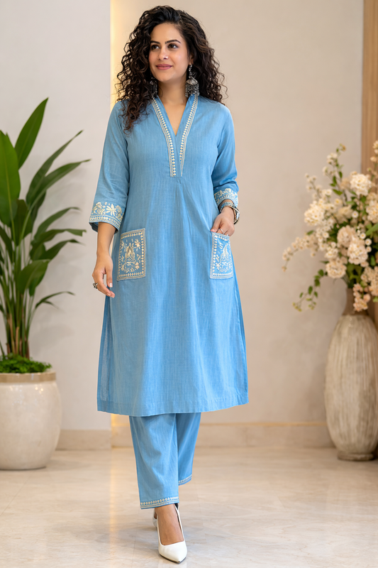 Cotton Embroidery Kurta Pant Set-Blue