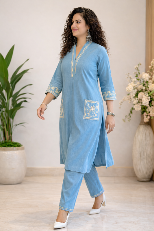 Cotton Embroidery Kurta Pant Set-Blue