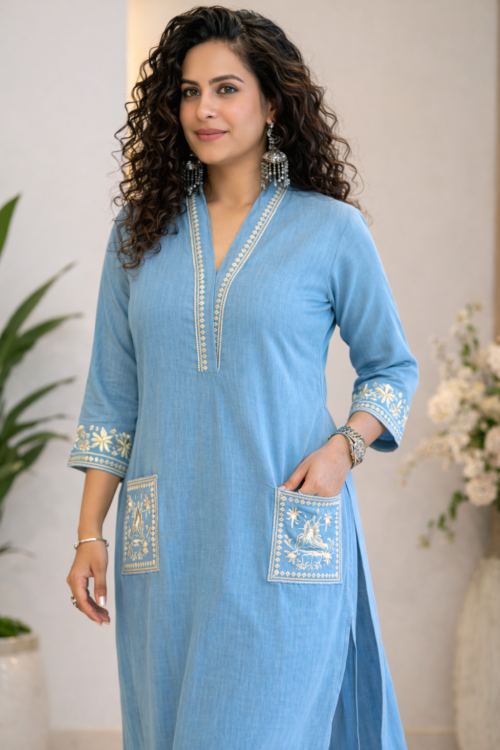 Cotton Embroidery Kurta Pant Set-Blue