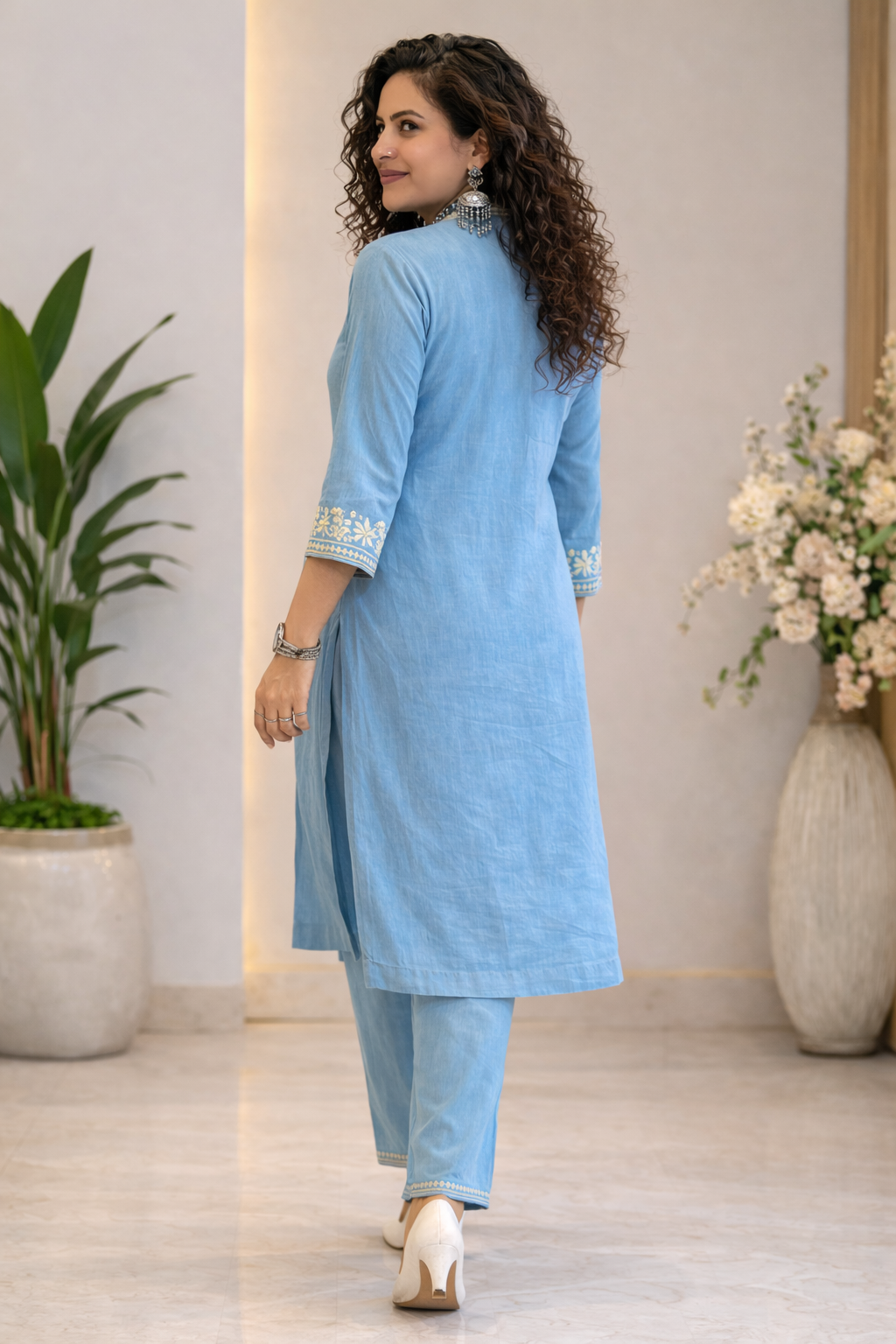 Cotton Embroidery Kurta Pant Set-Blue