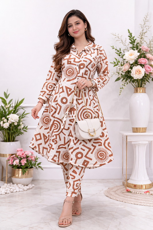 Cotton A-Line  Kurta with Ankle Length Pant Set - Brown