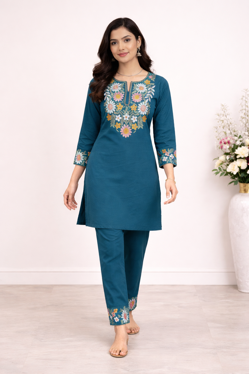 Cotton Embroidered Kurti with Palazzo Co-ord Set-Teal Blue