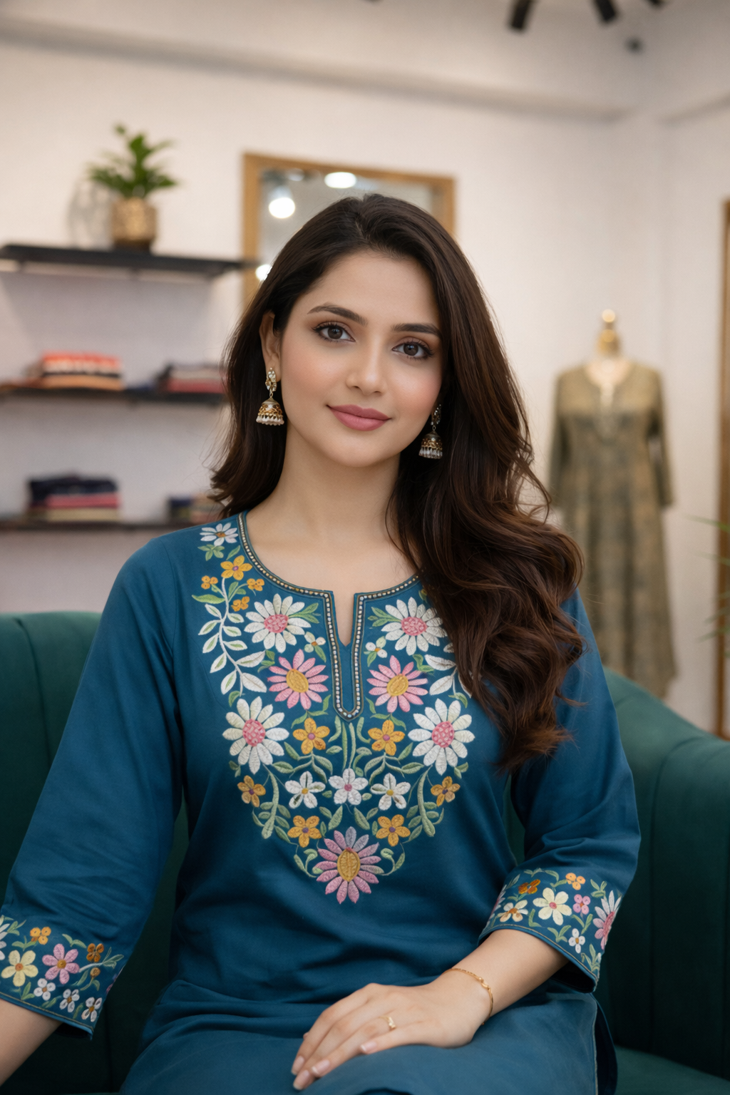 Cotton Embroidered Kurti with Palazzo Co-ord Set-Teal Blue