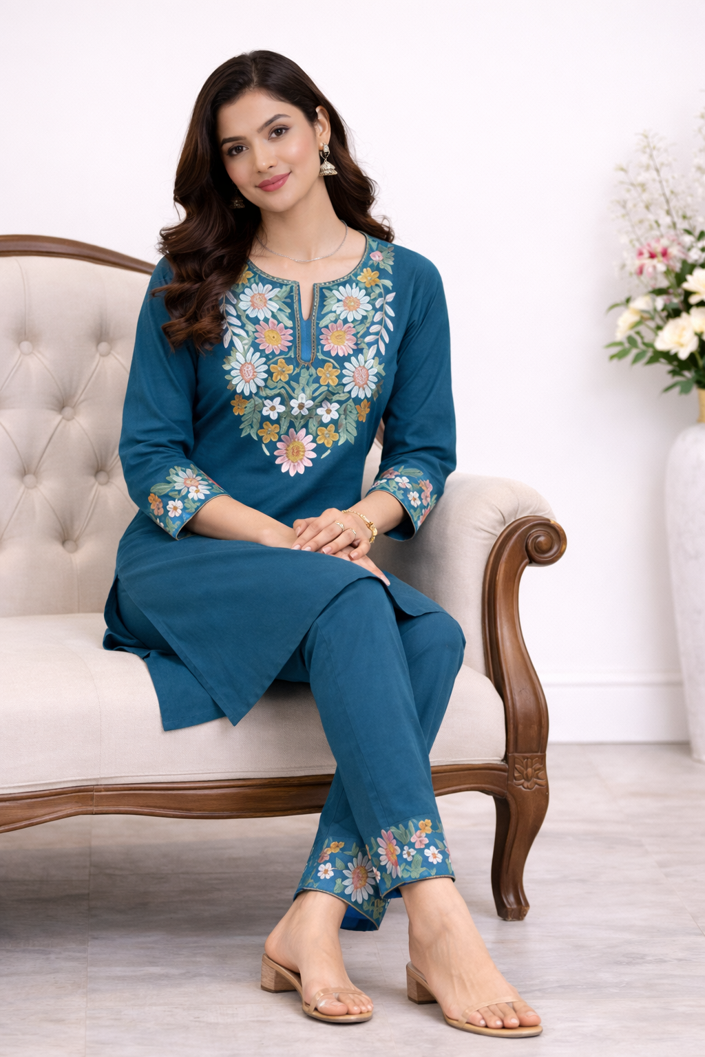 Cotton Embroidered Kurti with Palazzo Co-ord Set-Teal Blue