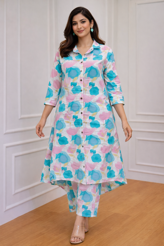 Cotton A-Line Floral Kurta with Ankle Length Pant Set