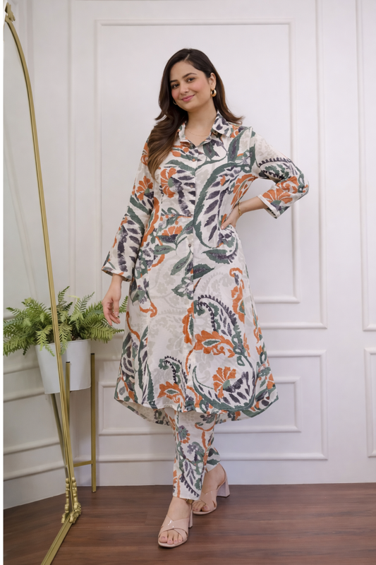 Cotton A-Line Floral Printed Kurta with Ankle Length Pant Set