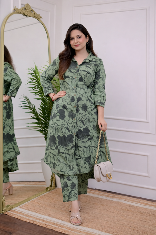 Cotton A - Line Kurta with Ankle Length Pant Set - Green
