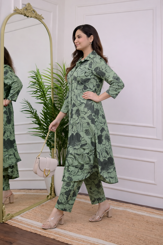 Cotton A - Line Kurta with Ankle Length Pant Set - Green