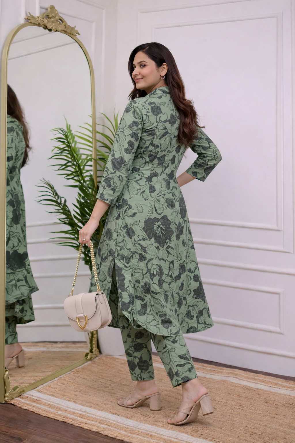 Cotton A - Line Kurta with Ankle Length Pant Set - Green