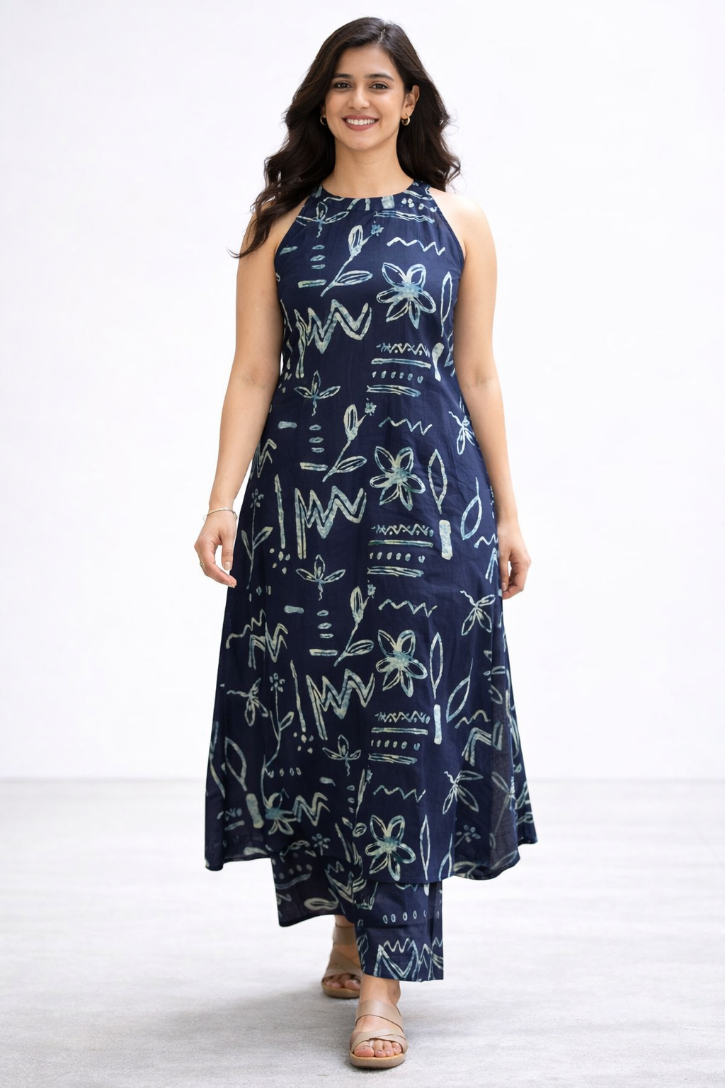 Cotton Floral A- Line Kurta with Palazzo Co-ord set-Blue