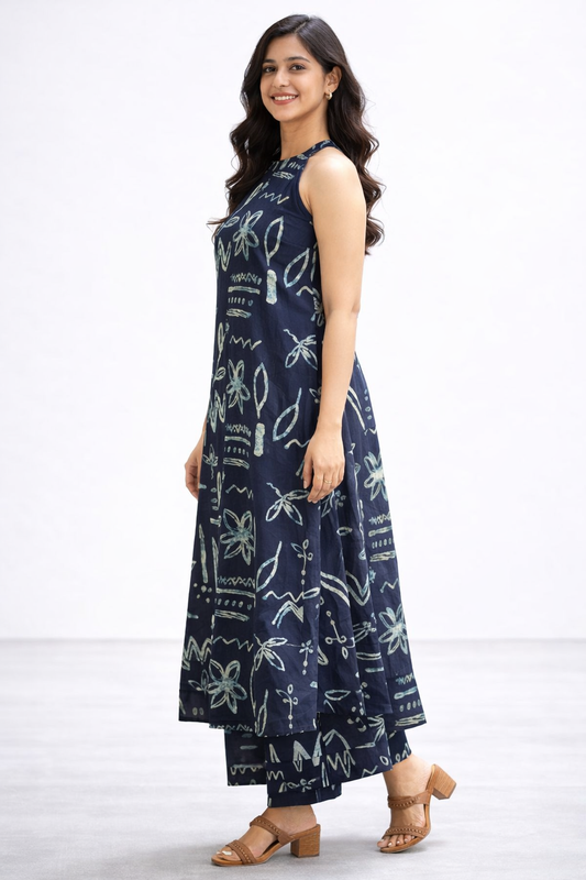 Cotton Floral A- Line Kurta with Palazzo Co-ord set-Blue