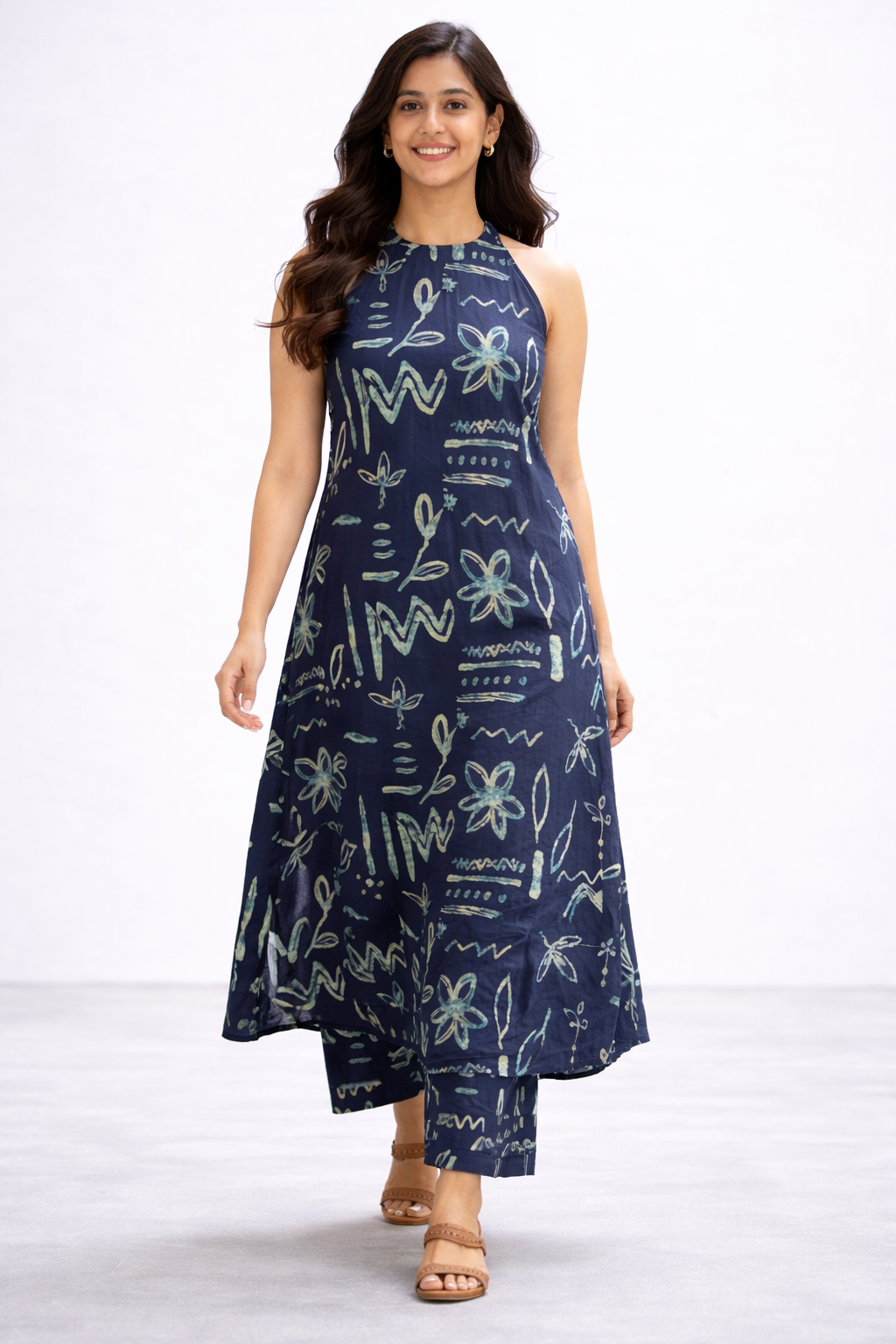 Cotton Floral A- Line Kurta with Palazzo Co-ord set-Blue