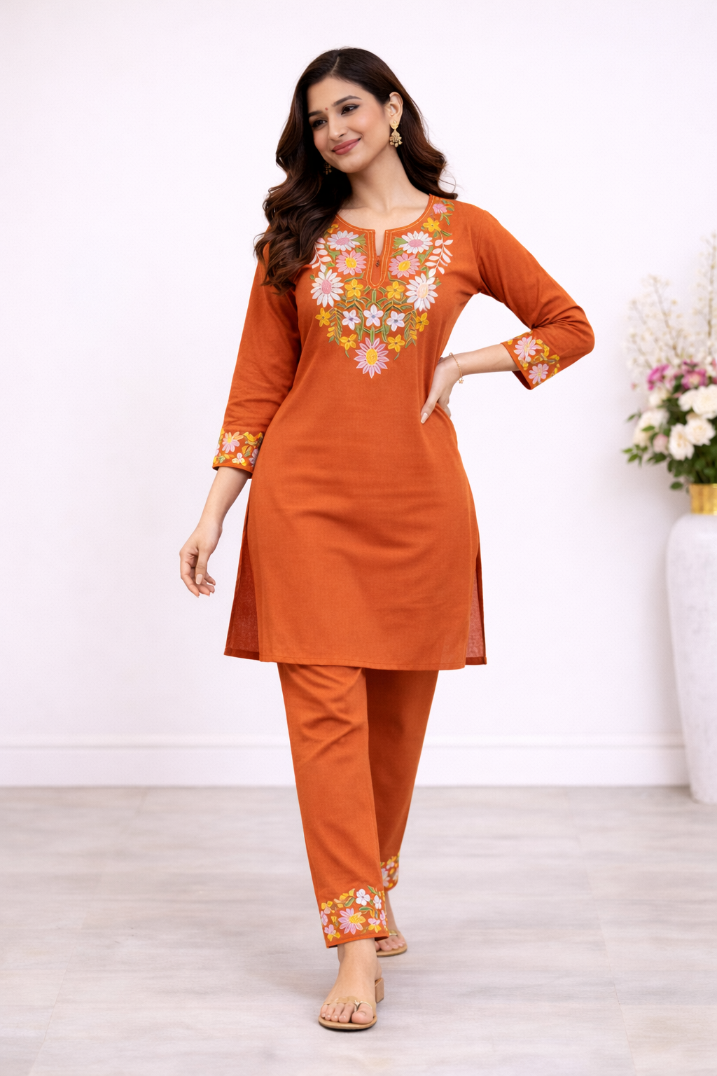 Cotton Embroidered Kurti with Pant Co-ord Set-Orange