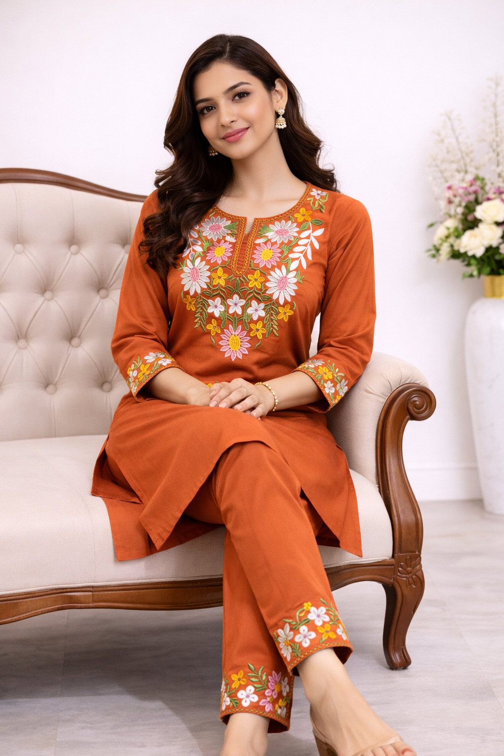 Cotton Embroidered Kurti with Pant Co-ord Set-Orange