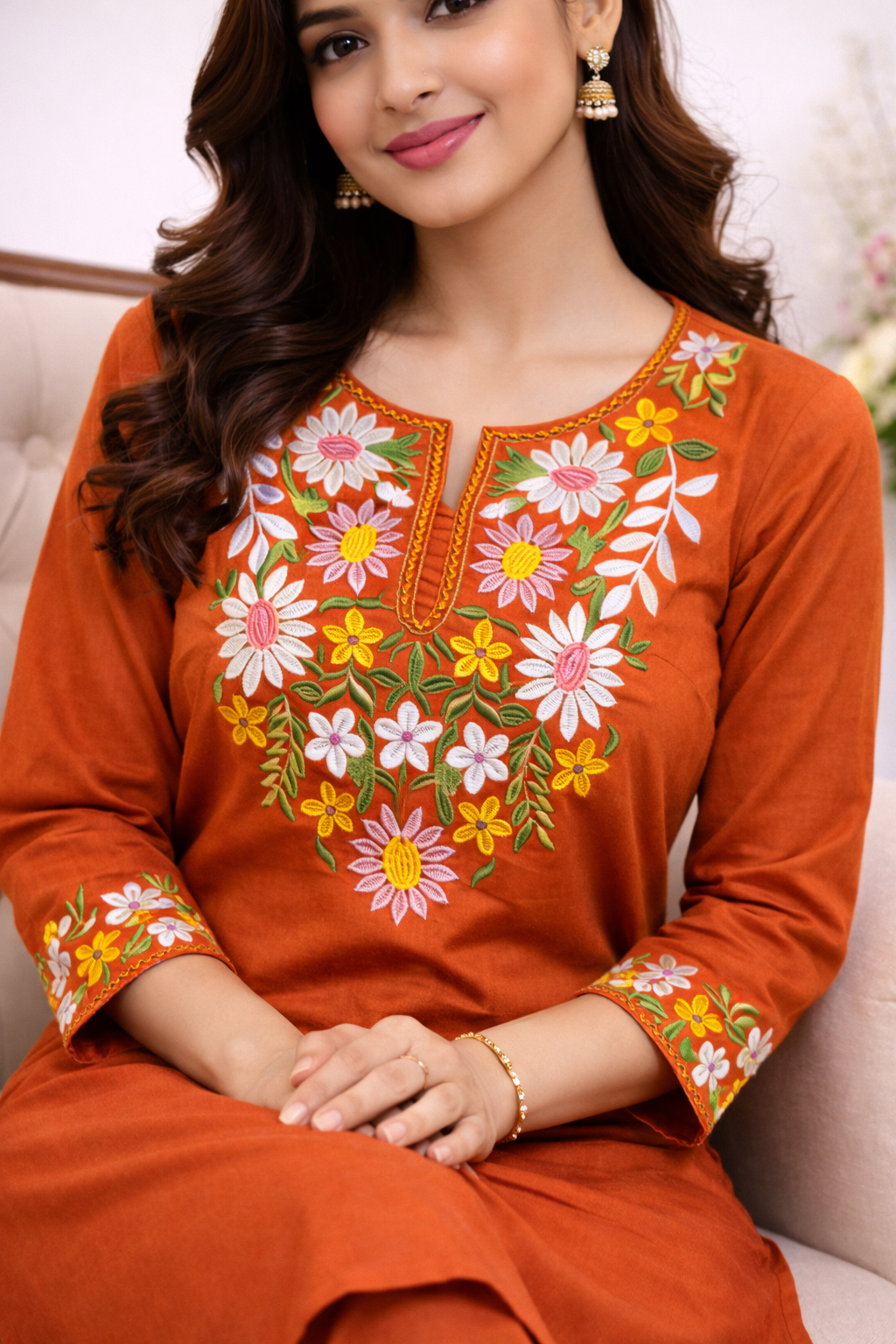 Cotton Embroidered Kurti with Pant Co-ord Set-Orange