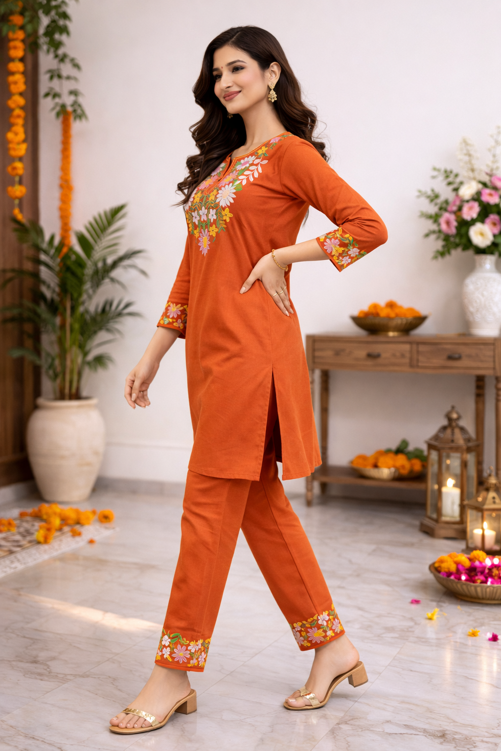 Cotton Embroidered Kurti with Pant Co-ord Set-Orange