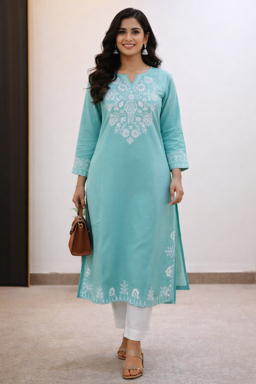Cotton Embroidered Kurta With Palazzo set-Light Blue