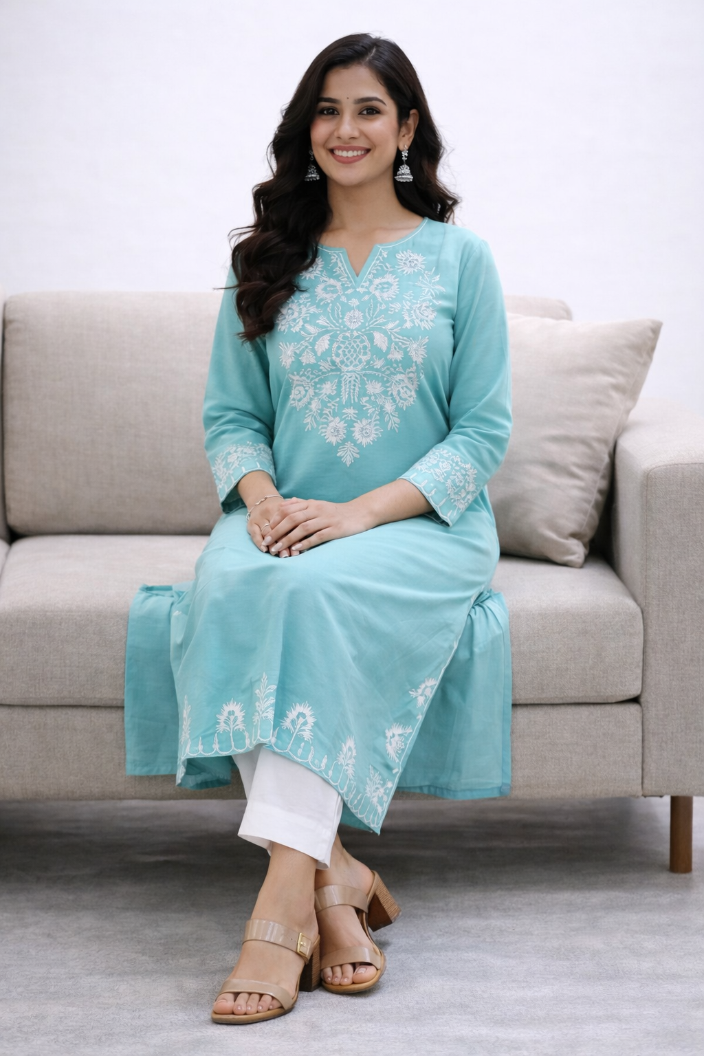 Cotton Embroidered Kurta With Palazzo set-Light Blue