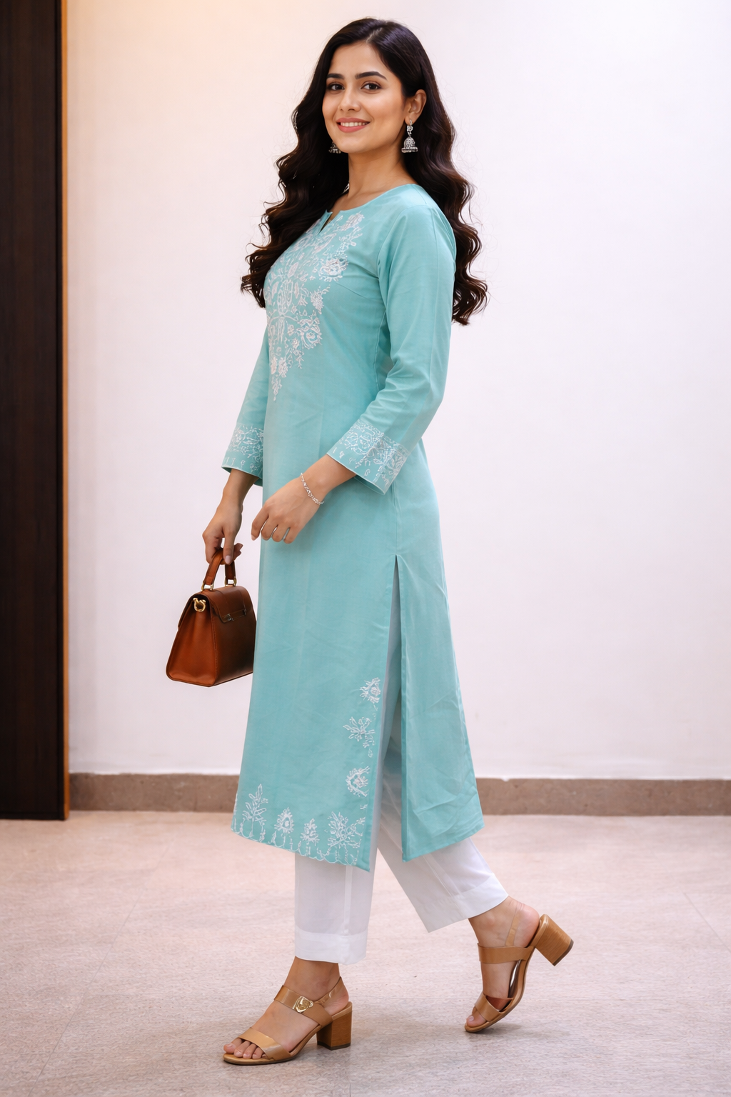 Cotton Embroidered Kurta With Palazzo set-Light Blue