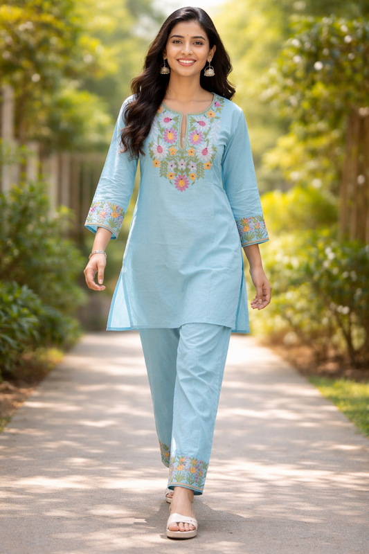 Cotton Embroidered Kurti with Palazzo Co-ord Set - Sky Blue