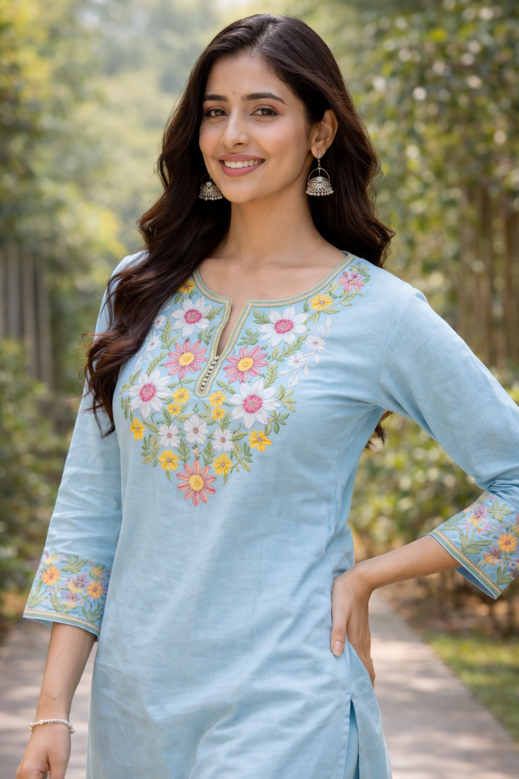 Cotton Embroidered Kurti with Palazzo Co-ord Set - Sky Blue