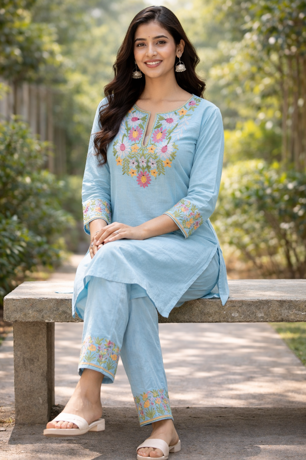 Cotton Embroidered Kurti with Palazzo Co-ord Set - Sky Blue