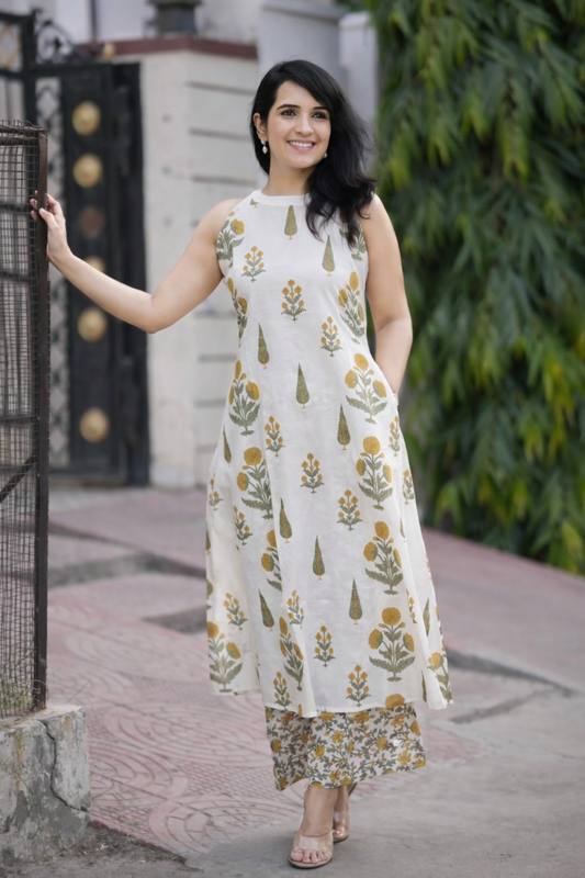 Fine Cotton A-Line Kurta With Palazzo set-White