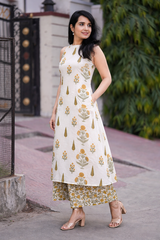 Fine Cotton A-Line Kurta With Palazzo set-White